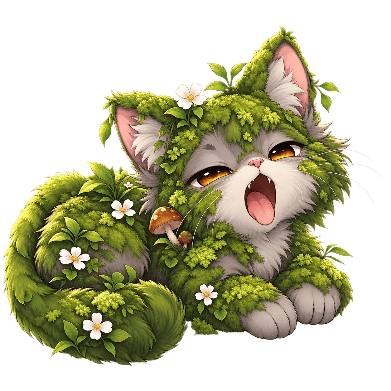 Sleepy forest kitten covered in moss and tiny flowers