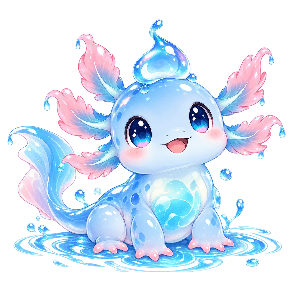 Puddlefin, a friendly blue axolotl with pink gills