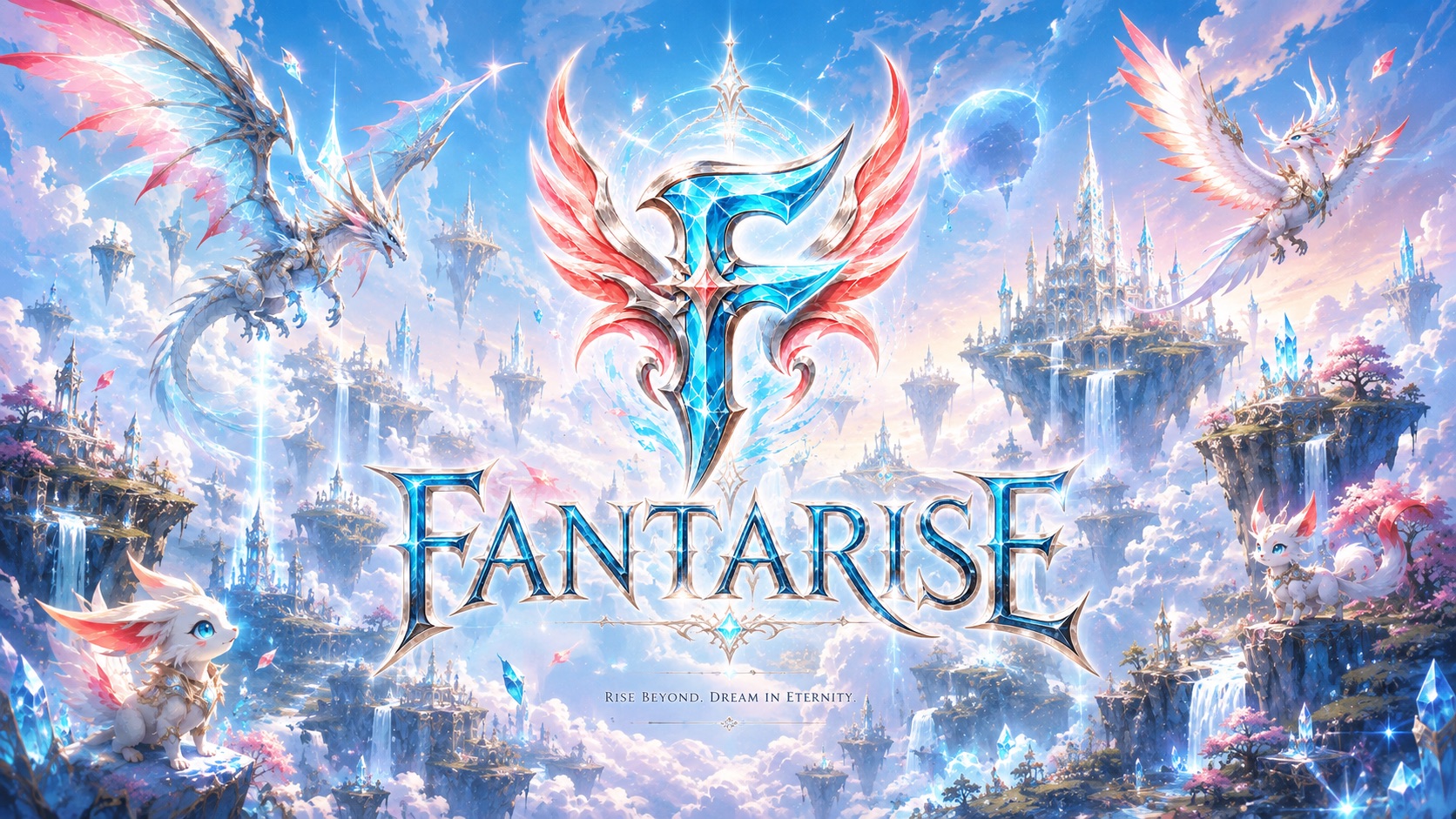 Fantarise key art: a winged crystal F crest floating above castles and islands in a bright sky, with the tagline 'Rise Beyond. Dream in Eternity.'